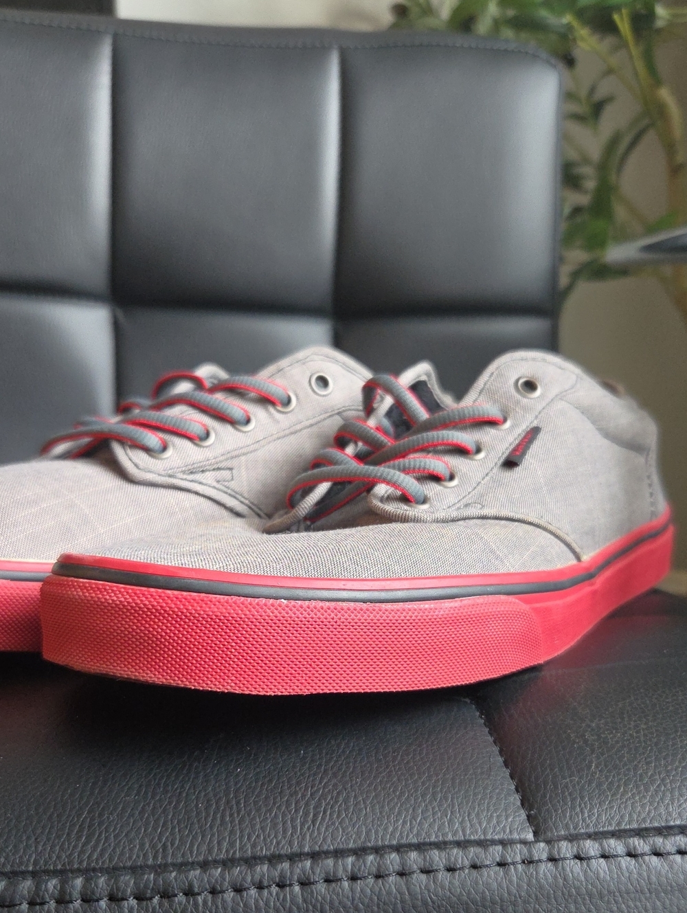 Vans Gray Canvas Low-Top Sneakers with Red Sole